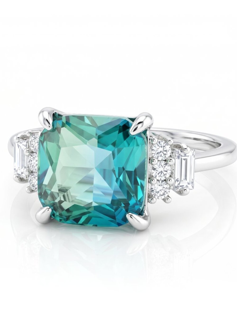 Blue & Teal Aquamarine Cushion Square Gemstone Ring, 925 Sterling Silver